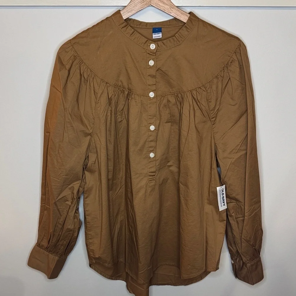 Old Navy Women’s NWT Puff-Sleeve Henley Shirt Brown Button-Up 100% Cotton Size L